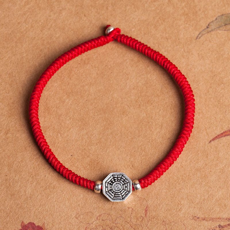 Wear FengShui 925 Sterling Silver Yin Yang Bagua Symbol Cinnabar String Concentration Bracelet