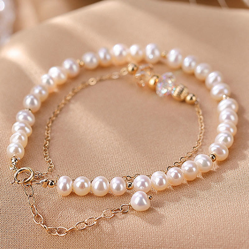 Wear FengShui 925 Sterling Silver Plated 14k Gold Natural Pearl Crystal Healing Double Layer Bracelet