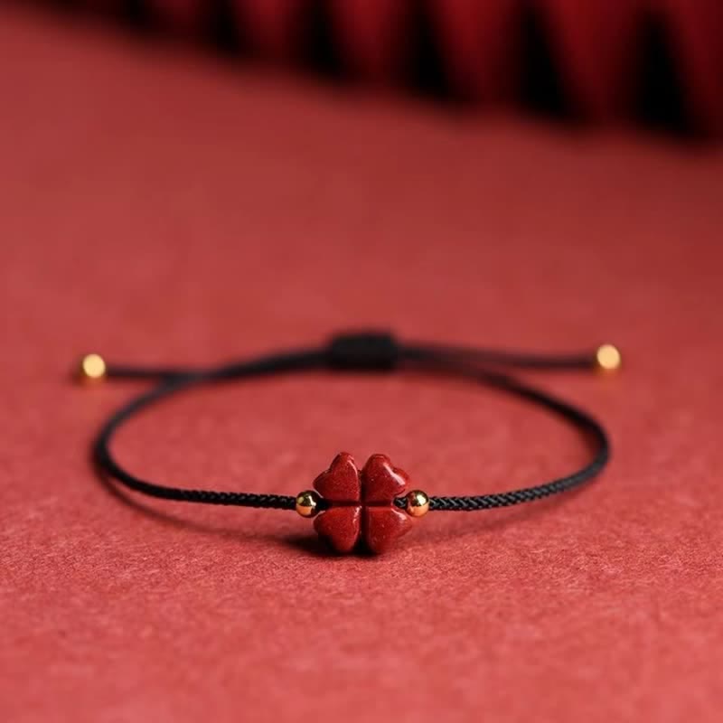 Wear FengShui Natural Cinnabar Four Leaf Clover Blessing Red String Bracelet Anklet