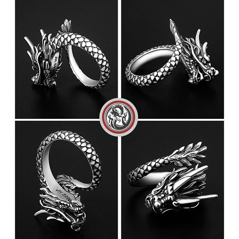 Wear FengShui 990 Sterling Silver Vintage Dragon Design Luck Protection Strength Adjustable Ring