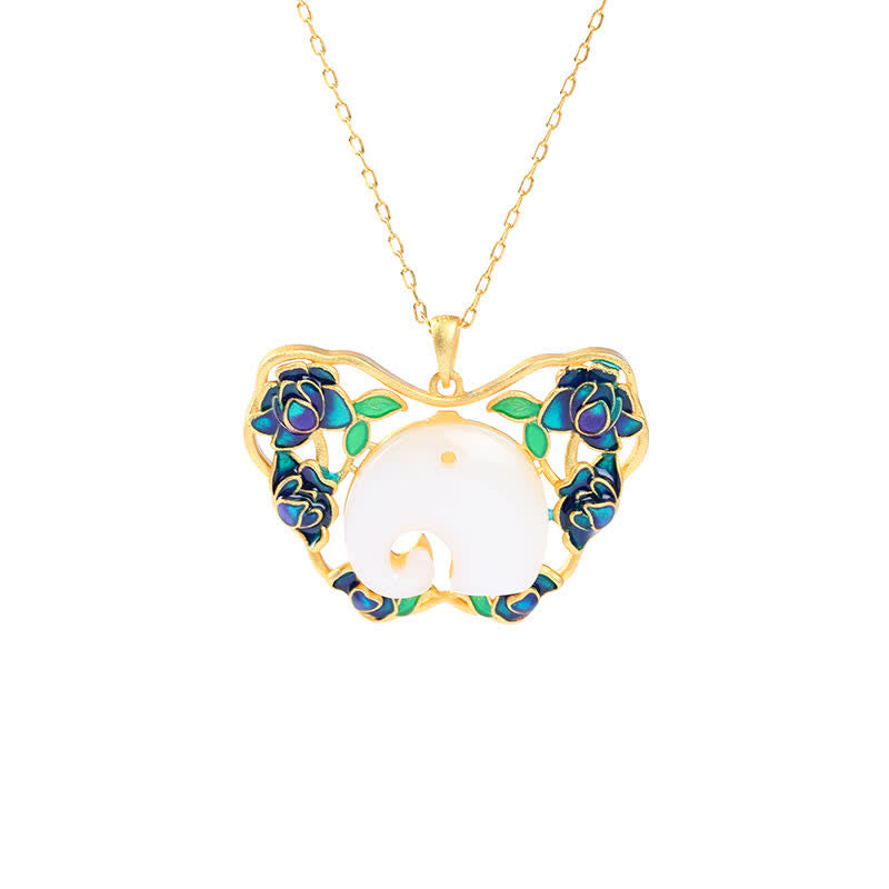 Wear FengShui White Jade Elephant Butterfly Lotus Success Necklace Chain Pendant