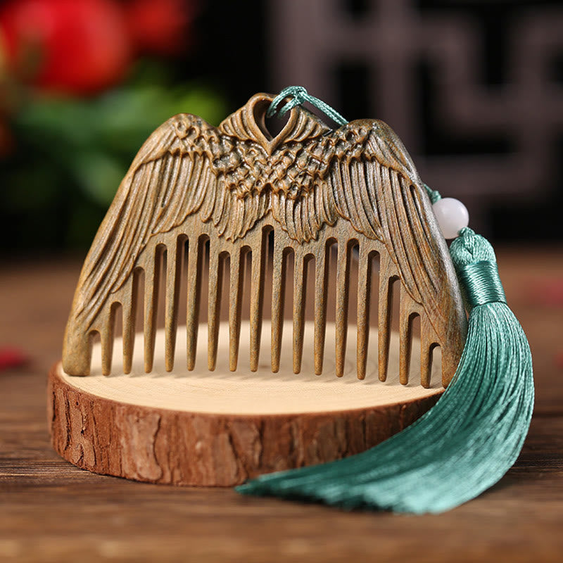 Wear FengShui Green Sandalwood Fox Peony Flower Lotus Engraved Cure Tassel Comb