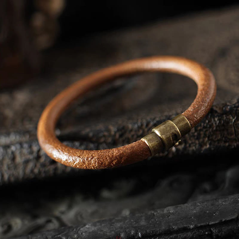 Wear FengShui Retro Leather Luck Healing Copper Magnetic Buckle Bracelet