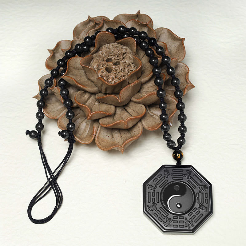 Wear FengShui Black Obsidian Stone Yin Yang Pendant Necklace