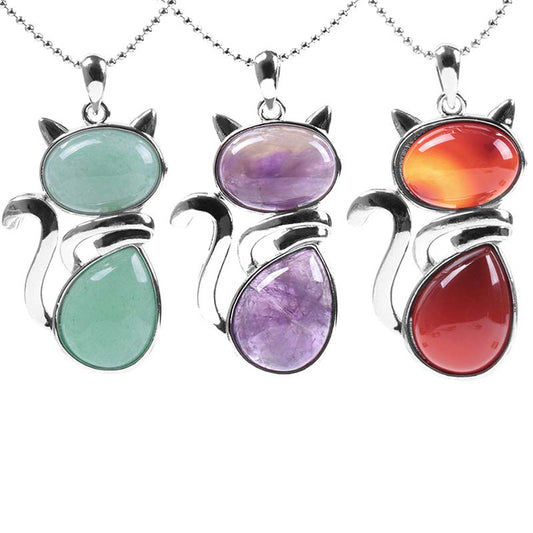 Wear FengShui Cat Pattern Natural Crystal Protection Necklace Pendant