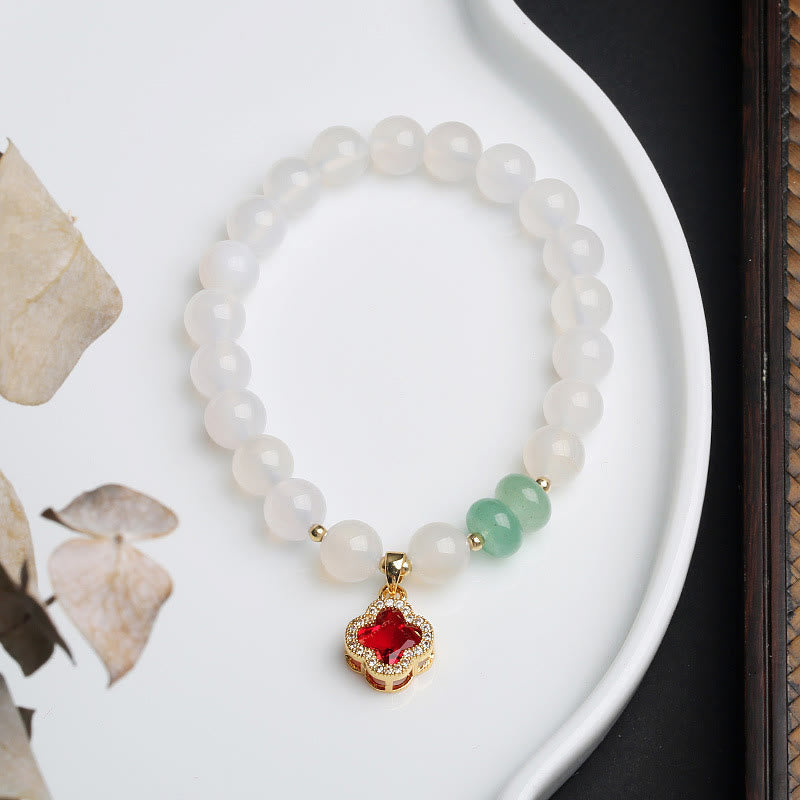 Wear FengShui Natural White Agate Red Agate Money Bag Fu Character Four Leaf Clover Protection Bracelet