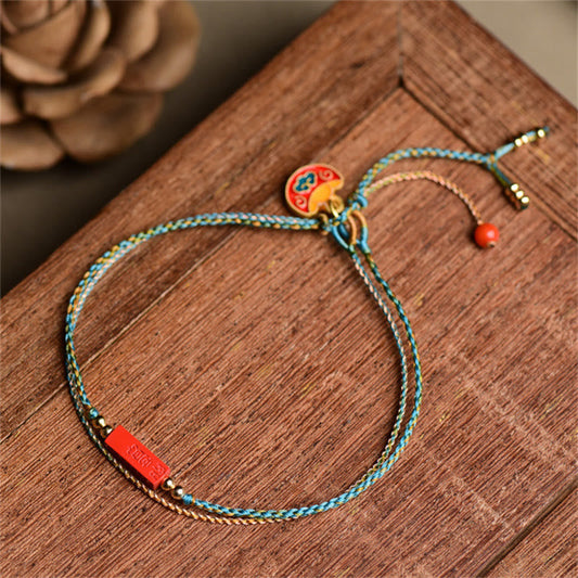 Wear FengShui Handmade Cinnabar As One Wishes Blessing Braid Double Layer Bracelet