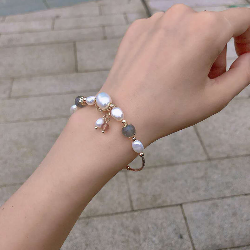 Wear FengShui Pearl Moonstone Strawberry Quartz Bead Optimism Bracelet