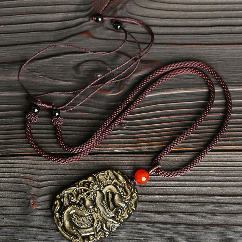 Wear FengShui Gold Sheen Obsidian Dragon Pattern Success Necklace Pendant