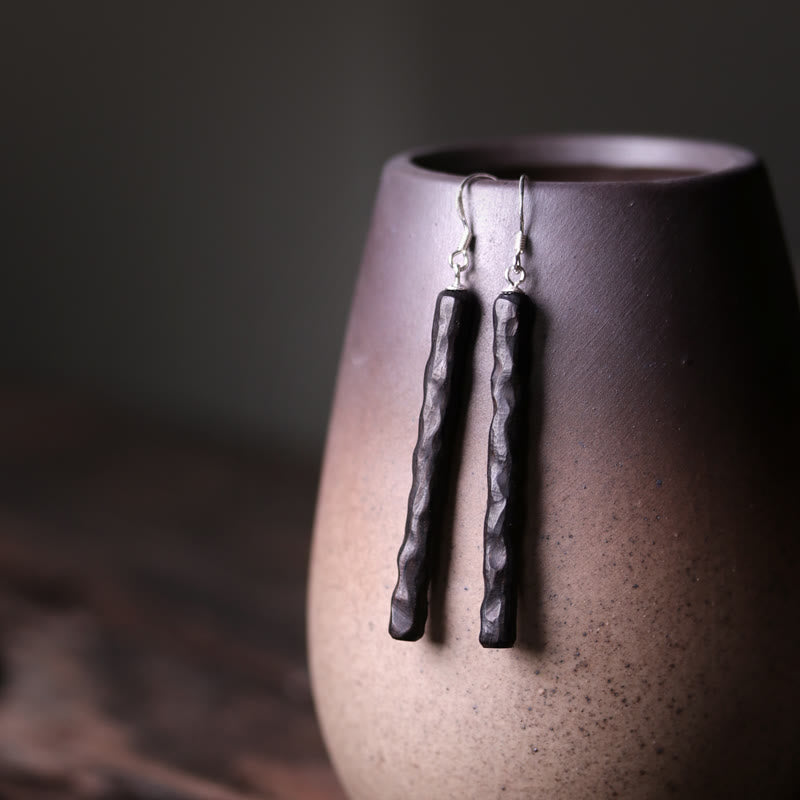 Wear FengShui 925 Sterling Silver Ebony Wood Texture Balance Peace Drop Dangle Earrings