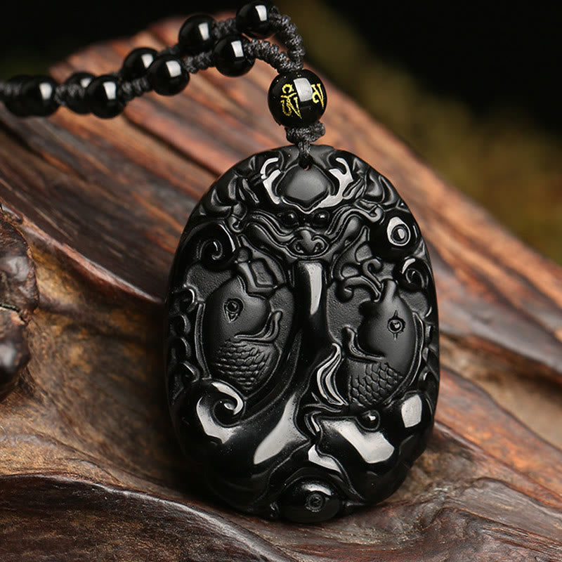 Wear FengShui Black Obsidian Koi Fish Bead Rope Fulfilment Strength Necklace Pendant