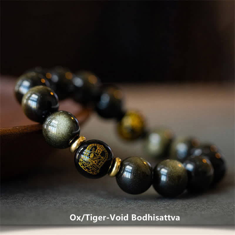 Wear FengShui Chinese Zodiac Natal Buddha Gold Sheen Obsidian Wealth Protection Bracelet