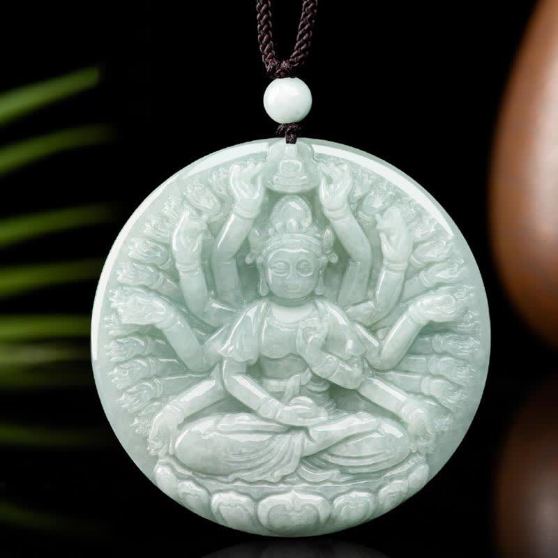 Wear FengShui Thousand-Hand Kwan Yin Avalokitesvara Jade Blessing String Necklace Pendant