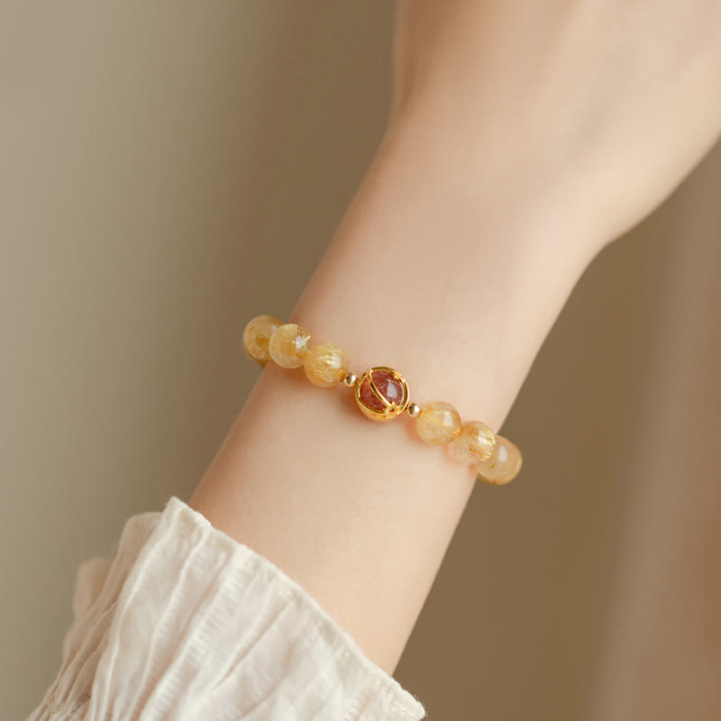 Wear FengShui Golden Rutilated Quartz Strawberry Quartz Star Protection Bracelet
