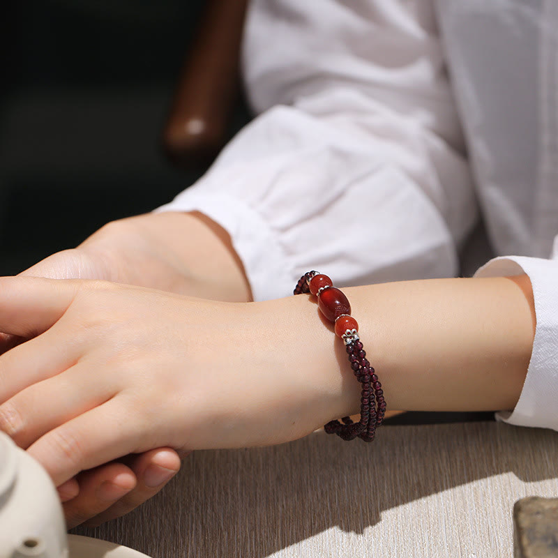Wear FengShui Natural Garnet Red Agate Protection Triple Layer Bracelet