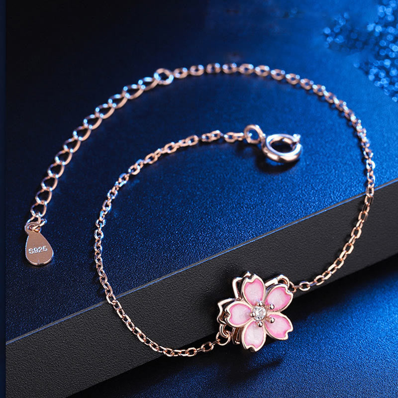 Wear FengShui 925 Sterling Silver Cherry Blossom Blessing Chain Bracelet Rotatable Ring