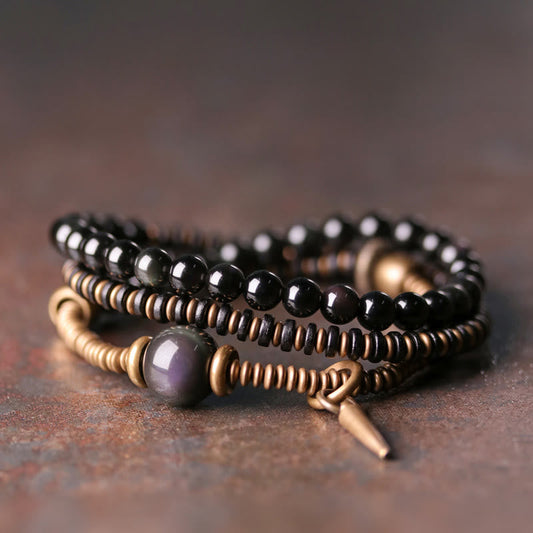 Wear FengShui Rainbow Obsidian Ebony Wood Copper Healing Triple Wrap Bracelet