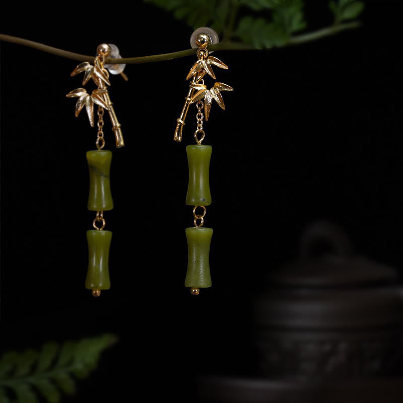 Wear FengShui 925 Sterling Silver Posts Copper Plated Gold Natural Peridot Bamboo Leaf Drop Earrings