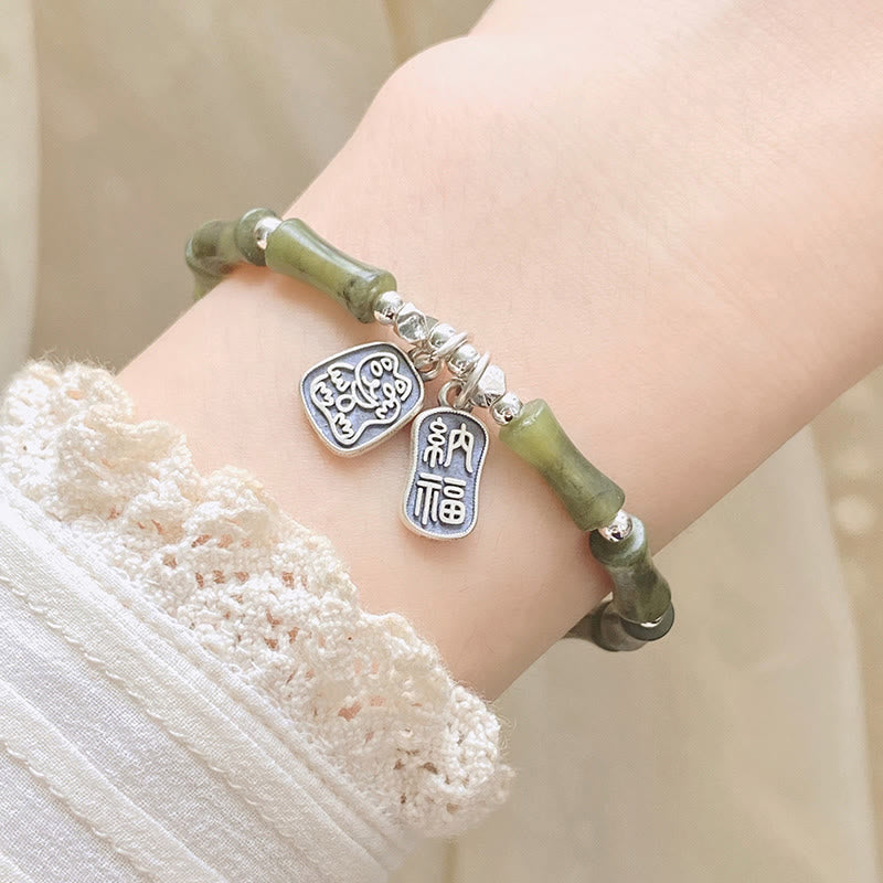 Wear FengShui 925 Sterling Silver Bamboo Jade Lucky Cat Fu Character Luck Abundance Bracelet