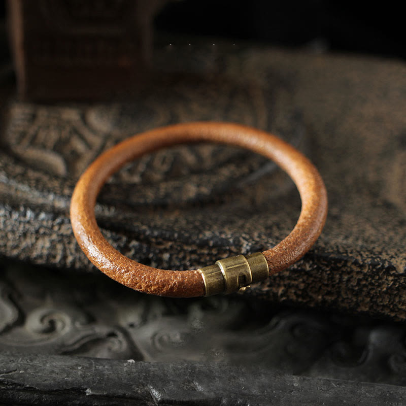 Wear FengShui Retro Leather Luck Healing Copper Magnetic Buckle Bracelet