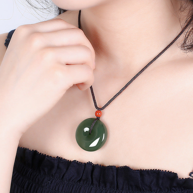 Wear FengShui Natural Round Jade Peace Buckle Prosperity Necklace String Pendant