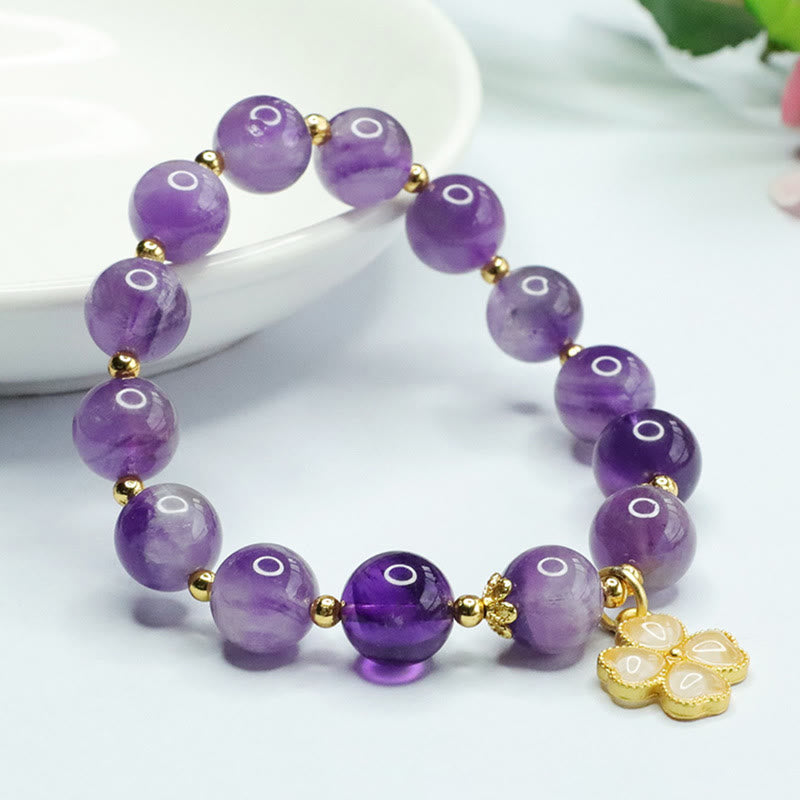 Wear FengShui Natural Amethyst Crystal Inner Peace Four Leaf Clover Charm Bracelet