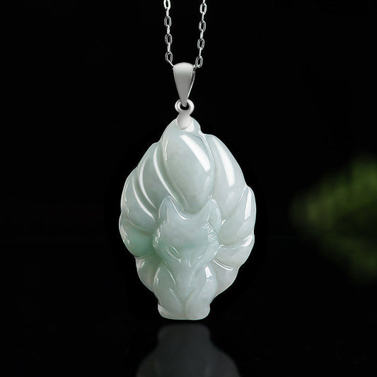 Wear FengShui Natural Jade Nine Tailed Fox Prosperity Titanium Steel Chain Necklace Pendant