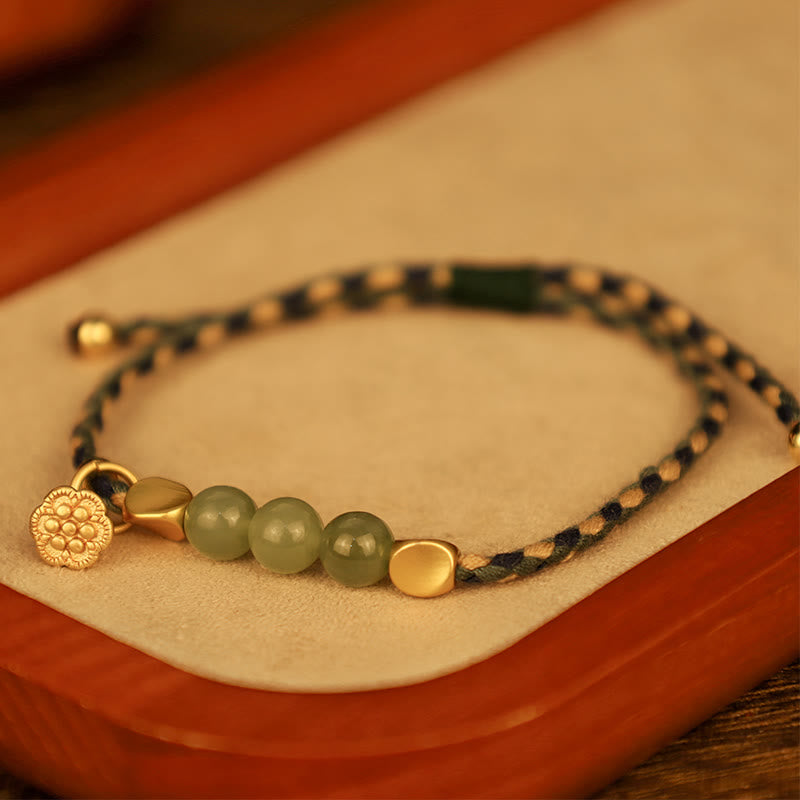 Wear FengShui Handcrafted Hetian Jade Lotus Charm Luck Braided Bracelet