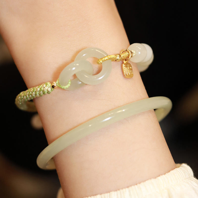 Wear FengShui Natural Hetian Jade Bead Double Peace Buckle Fu Character Abundance Braided Bracelet