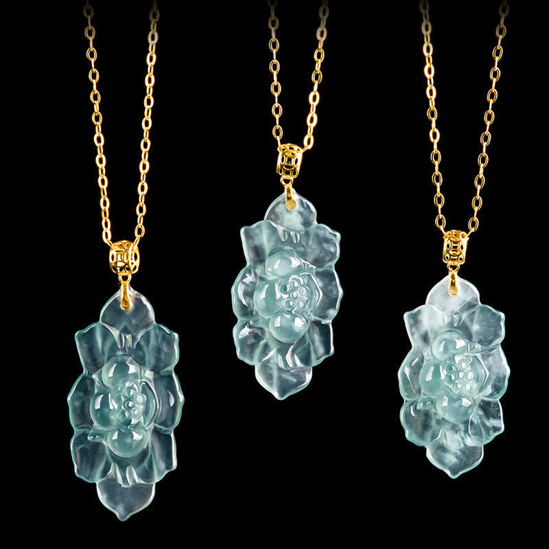 Wear FengShui Natural Jade Lotus Pattern Prosperity Titanium Steel Chain Necklace Pendant