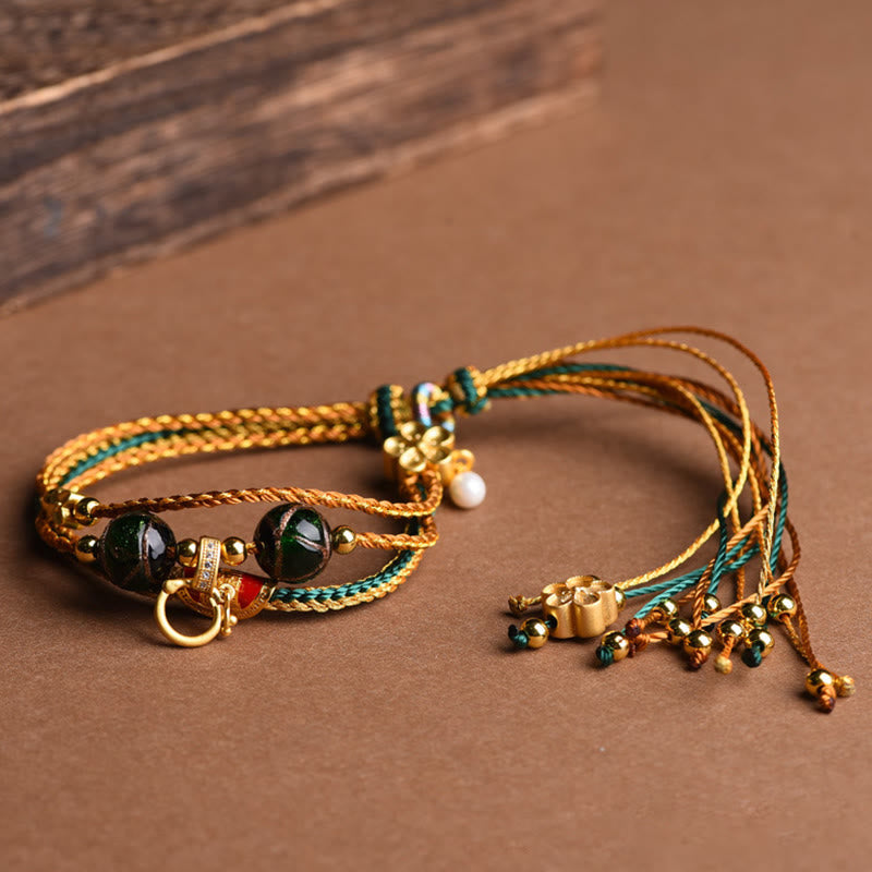 Wear FengShui Tibetan Handmade Rope Liuli Glass Bead Braided Multilayered Healing Bracelet