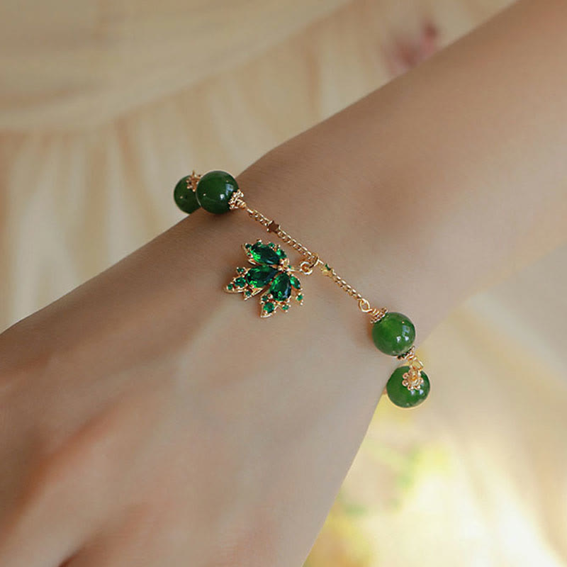 Wear FengShui 14k Gold Plated Green Chalcedony Maple Leaf Courage Strength Bracelet