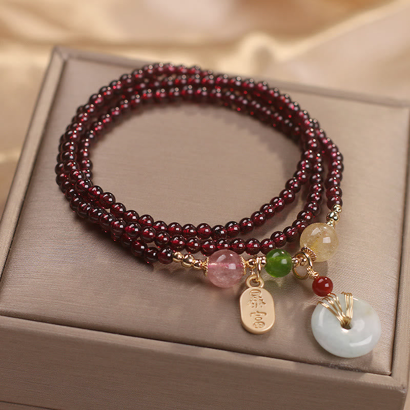Wear FengShui Natural Garnet Strawberry Quartz Crystal Fox Koi Fish Peace Buckle Fortune Protection Triple Wrap Bracelet