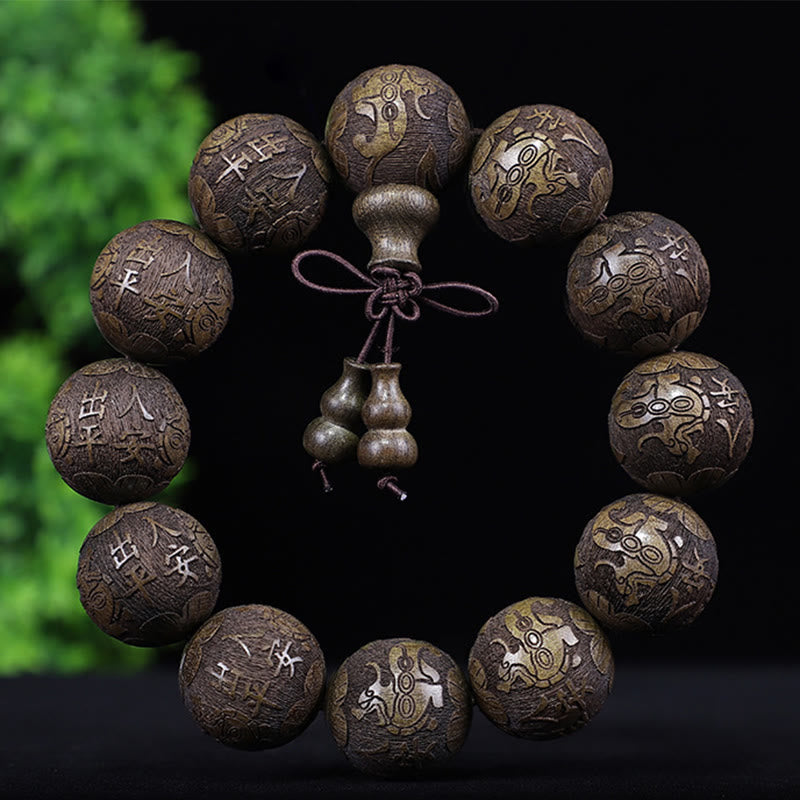 Wear FengShui Chinese Zodiac Rosewood Ebony Copper Coin PiXiu Carved Warmth Bracelet