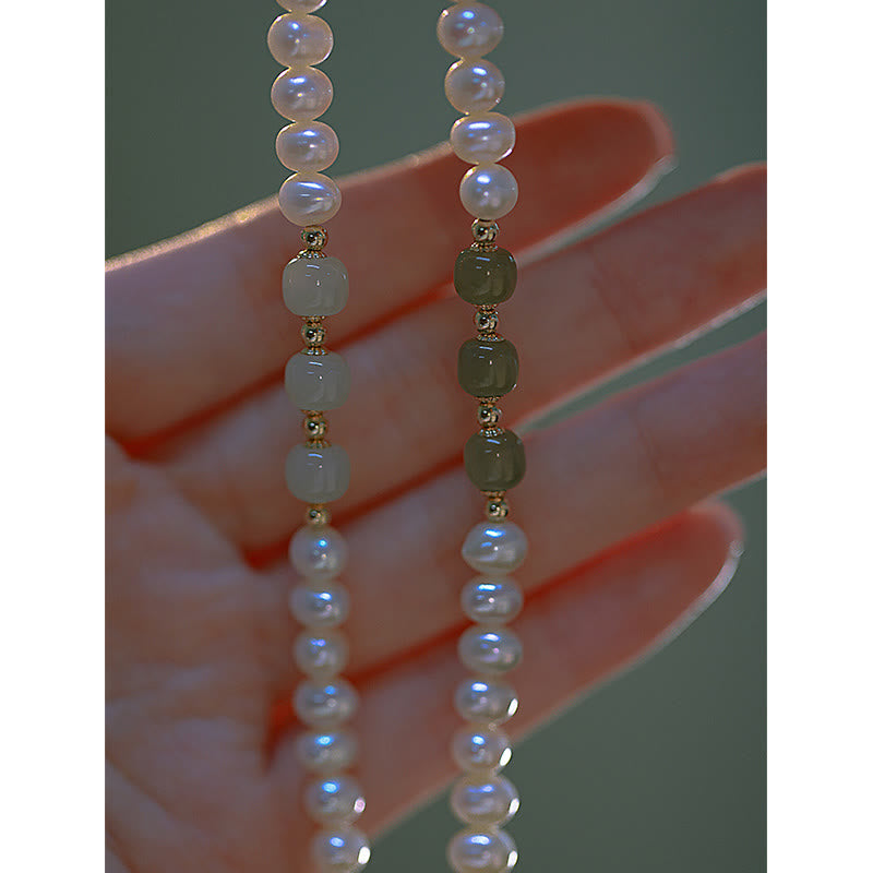 Wear FengShui 14K Gold Plated Natural Pearl Hetian Cyan Jade White Jade Sincerity Bead Chain Bracelet