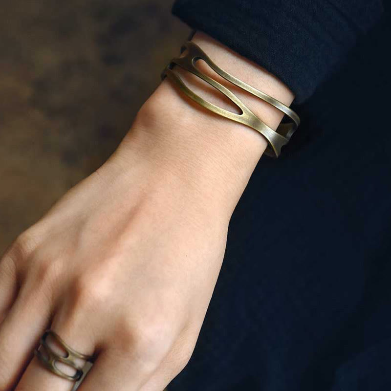 Wear FengShui Vintage Curved Copper Brass Wealth Adjustable Cuff Bracelet Bangle