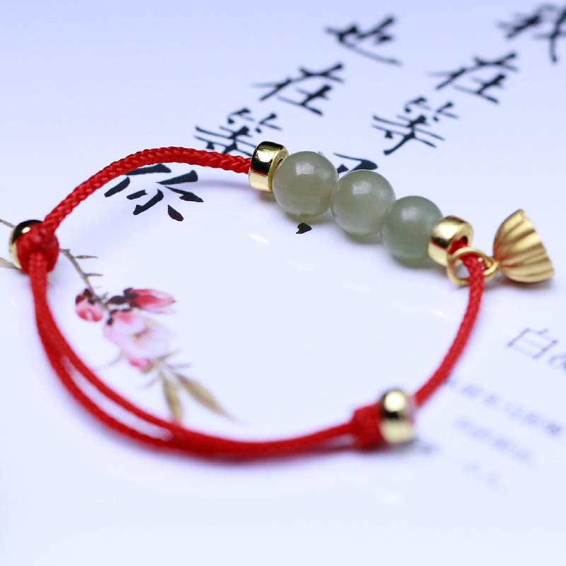 Wear FengShui Natural Jade Lotus Seed Strength Red String Weave Bracelet