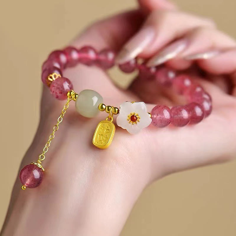 Wear FengShui Strawberry Quartz Fu Character Pink Crystal Healing Bracelet