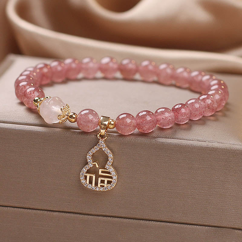 Wear FengShui Strawberry Quartz Gourd Fu Character Charm Positive Bracelet