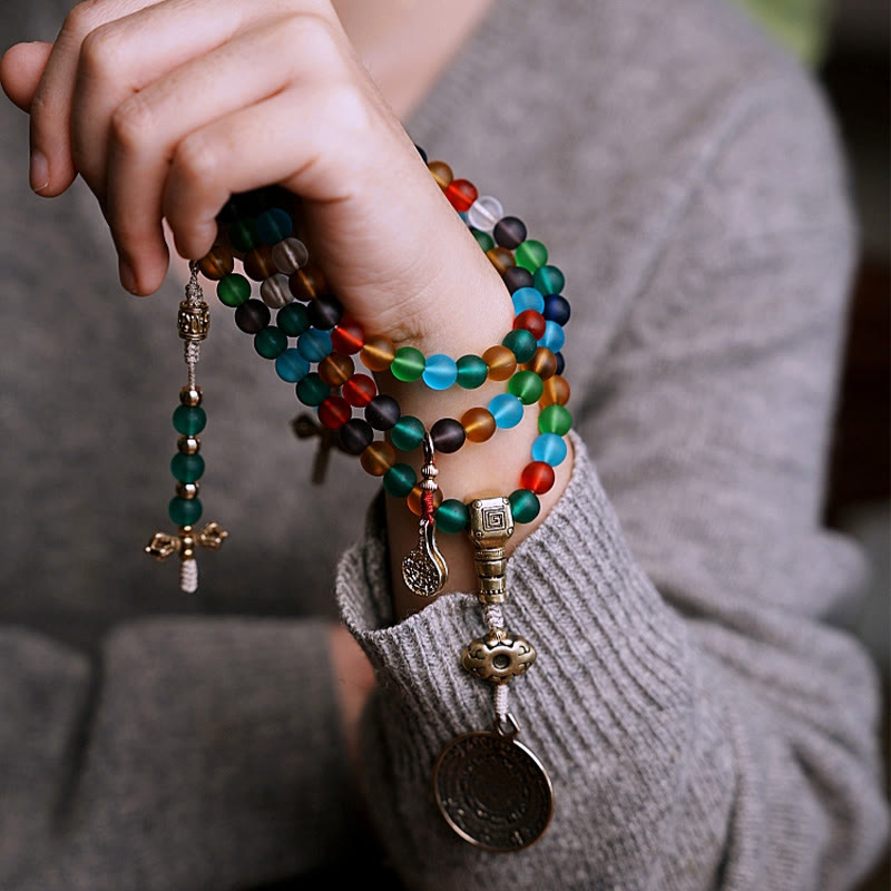 Wear FengShui Tibetan 108 Mala Beads Multicolored Liuli Glass Bead Chinese Zodiac Nine Palaces Eight Diagrams Charm Bracelet