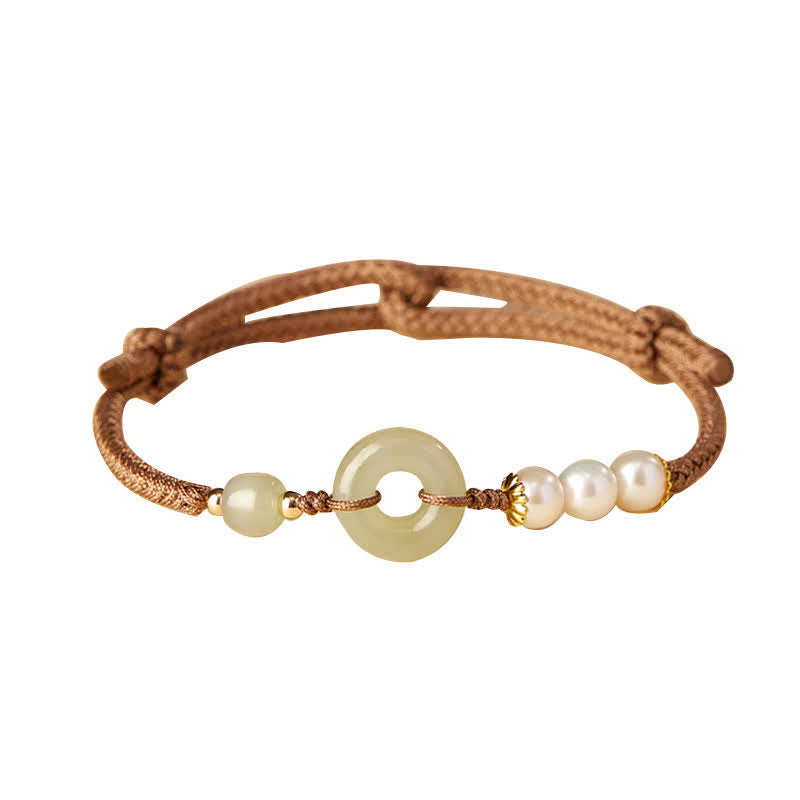 Wear FengShui Natural Hetian Jade Pearl Peace Buckle Luck Bracelet