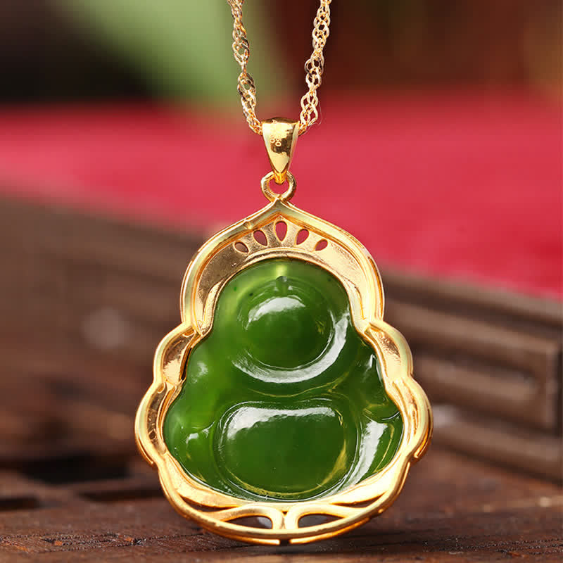 Wear FengShui 925 Sterling Silver Natural Hetian Cyan Jade Laughing Buddha 18K Gold Healing Necklace Chain Pendant