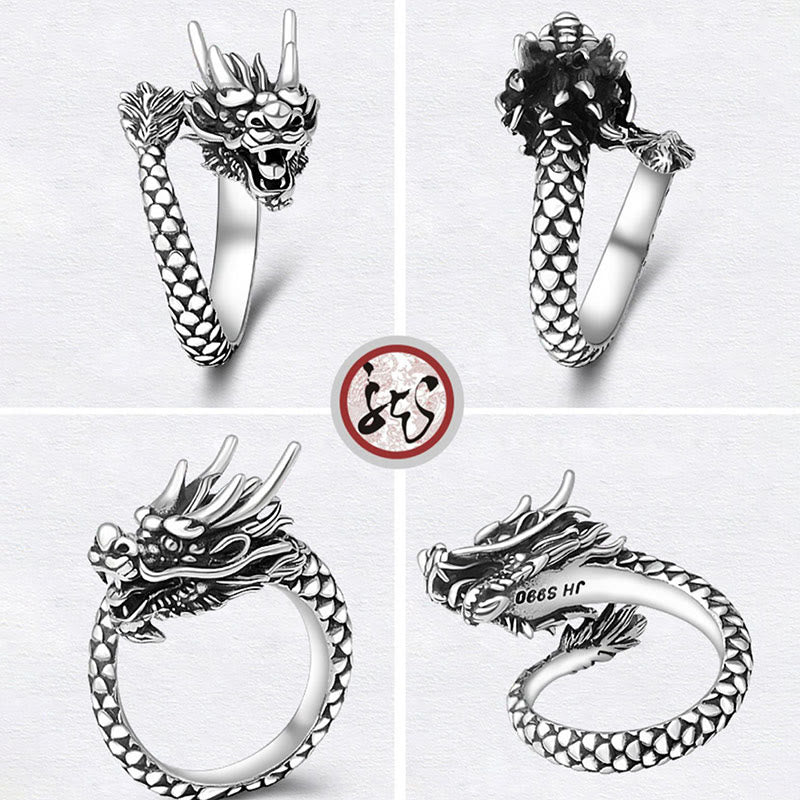 Wear FengShui 990 Sterling Silver Vintage Dragon Design Luck Protection Strength Adjustable Ring