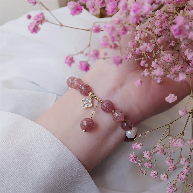 Wear FengShui Natural Strawberry Quartz Pearl Four Leaf Clover Love Bracelet
