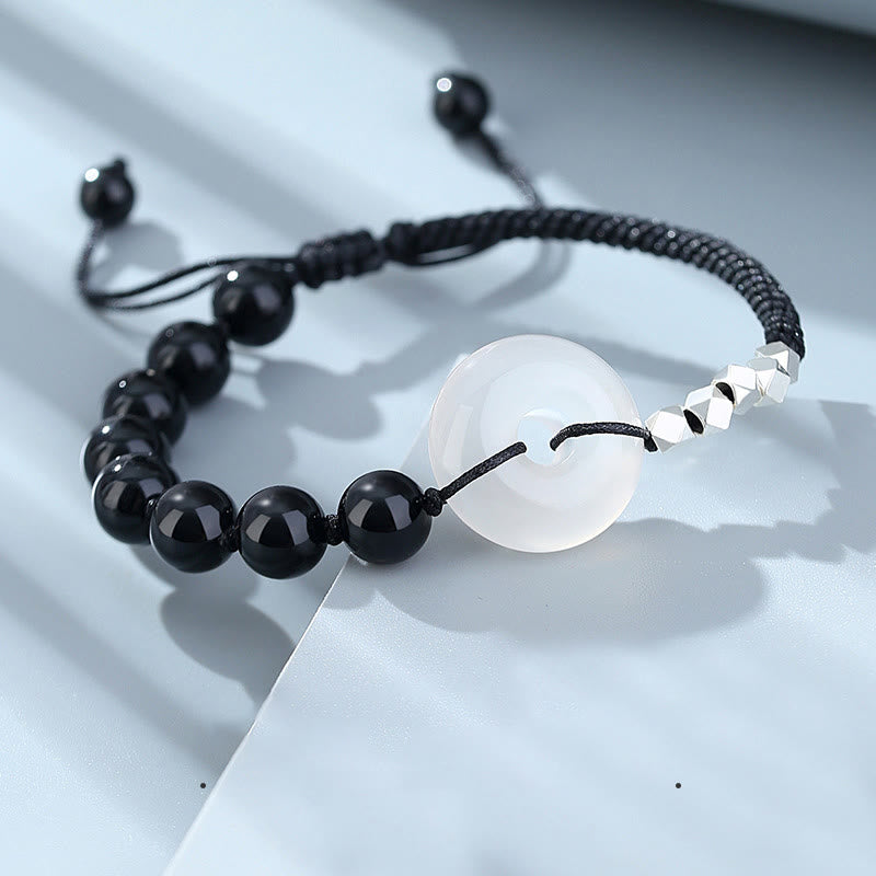 Wear FengShui 925 Sterling Silver Black Obsidian Agate Peace Buckle Strength Bracelet