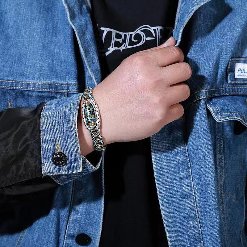Wear FengShui Tibetan Nine-Eye Dzi Bead Om Mani Padme Hum Turquoise Protection Rotatable Bracelet