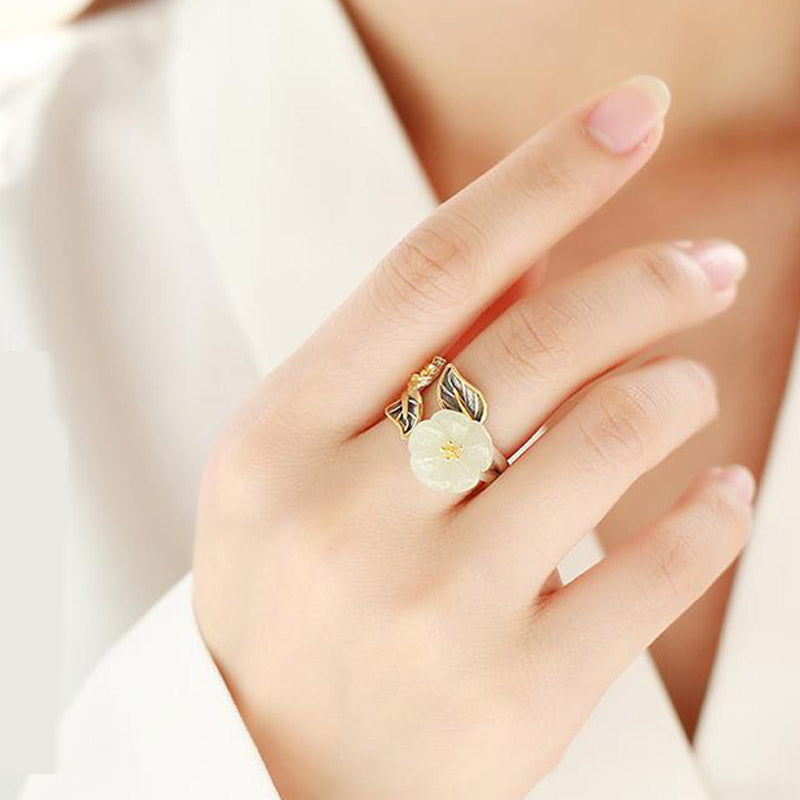 Wear FengShui 925 Silver Plated Copper White Jade Plum Flower Leaf Luck Ring
