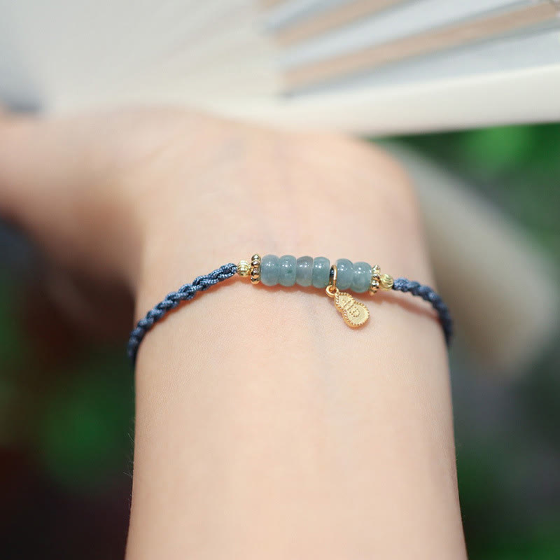 Wear FengShui 925 Sterling Silver Natural Jade Gourd Rutilated Quartz Fu Character Luck Braid Bracelet