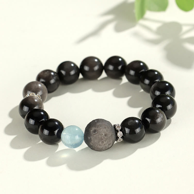 Wear FengShui Natural Silver Sheen Obsidian Cat Head Fox Planet Protection Bracelet
