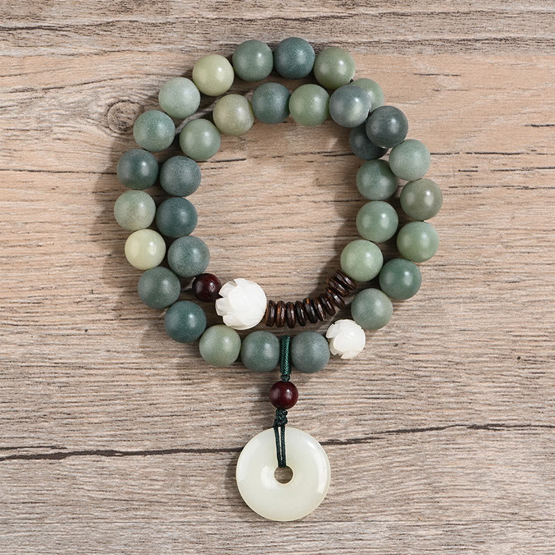 Wear FengShui Cyan Bodhi Seed Lotus Jade Peace Buckle Wisdom Double Wrap Bracelet